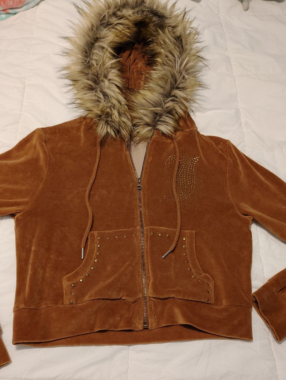 Jaded London Brown Faux-Fur Hooded Velvet Zip Jacket